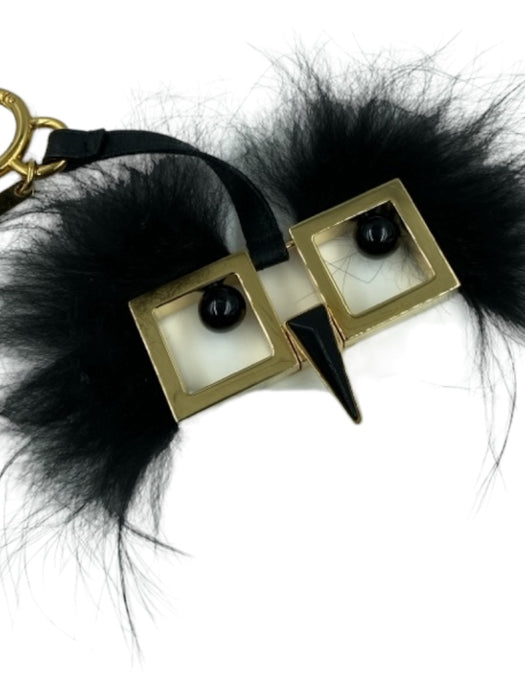 Fendi Black & Gold Gold Toned Feather Bead Square Owl Keychain Black & Gold