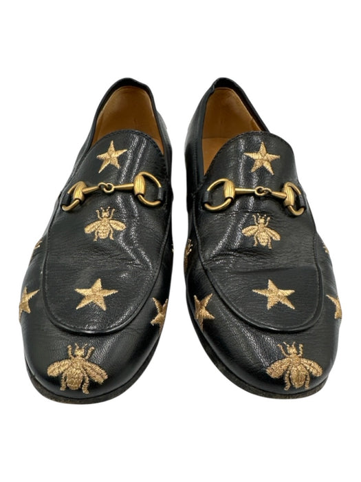 Gucci Shoe Size 37 Black & Gold Leather Metallic Thread Horsebit Bee Loafers Black & Gold / 37