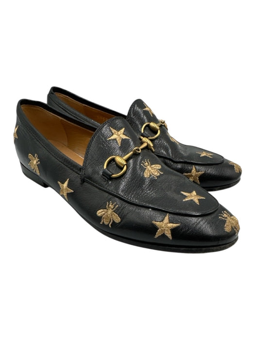 Gucci Shoe Size 37 Black & Gold Leather Metallic Thread Horsebit Bee Loafers Black & Gold / 37