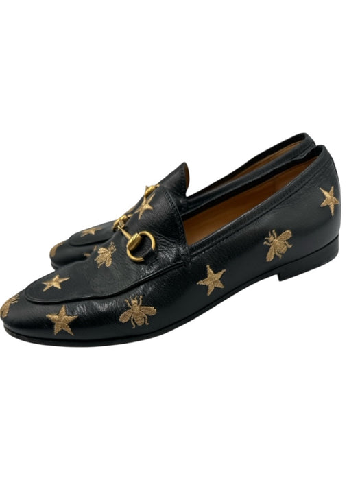 Gucci Shoe Size 37 Black & Gold Leather Metallic Thread Horsebit Bee Loafers Black & Gold / 37