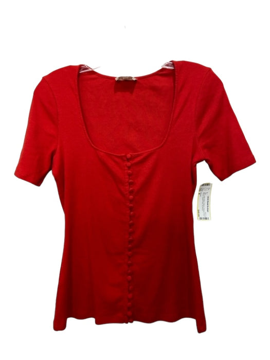 Sezane Size M Red Cotton Blend Ribbed Buttons Short Sleeve Square Neck Top Red / M