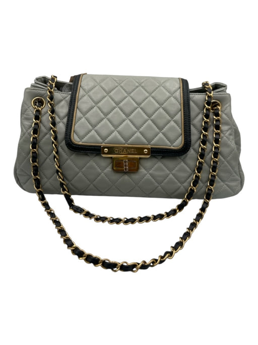 Chanel Gray, Black & Gold Leather Quilted Accordion Flap Closure Chain Strap Bag Gray, Black & Gold / S