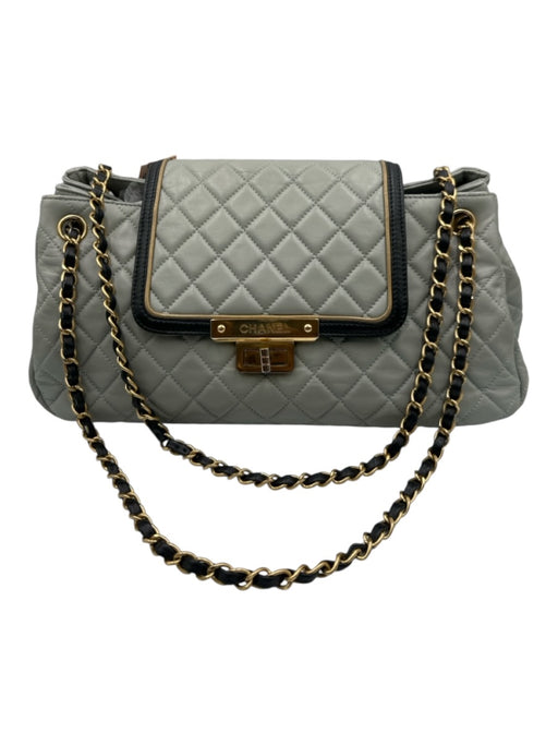 Chanel Gray, Black & Gold Leather Quilted Accordion Flap Closure Chain Strap Bag Gray, Black & Gold / S