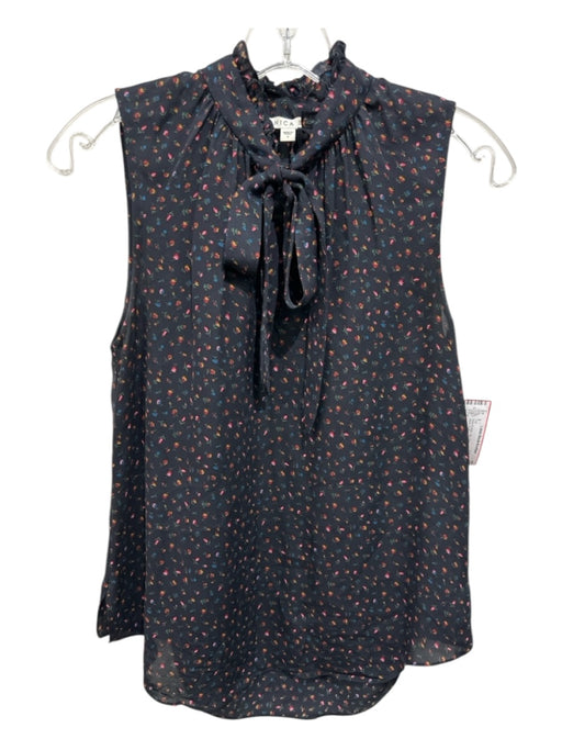 Veond Size 4 Black & Multi Silk Sleeveless Floral Tie Neck Ruffles Top Black & Multi / 4