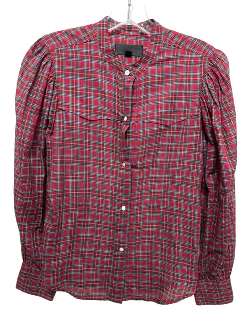 Nili Lotan Size XS Red & Multi Cotton Plaid Long Balloon Sleeve Button Up Top Red & Multi / XS