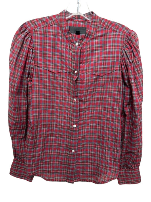Nili Lotan Size XS Red & Multi Cotton Plaid Long Balloon Sleeve Button Up Top Red & Multi / XS