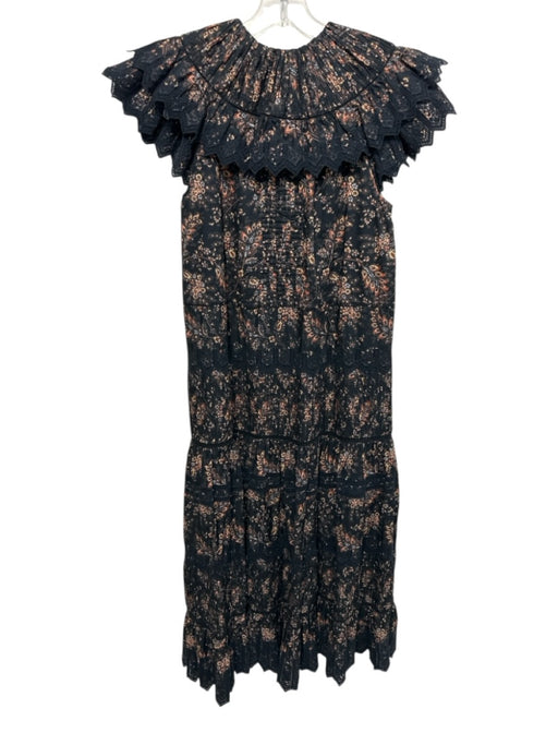Ulla Johnson Size 0 Black, Yellow, Brown Cotton Pintuck Paisley Lace Trim Dress Black, Yellow, Brown / 0