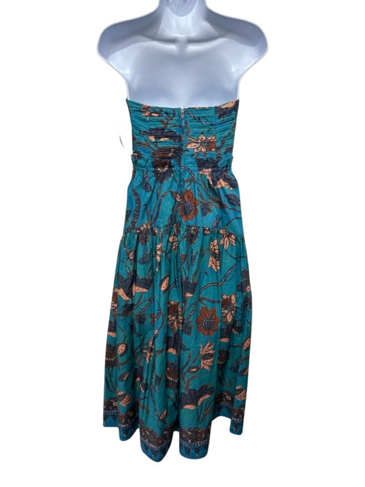Ulla Johnson Size 0 Teal & Brown Cotton Gathered Floral Strapless Maxi Dress Teal & Brown / 0
