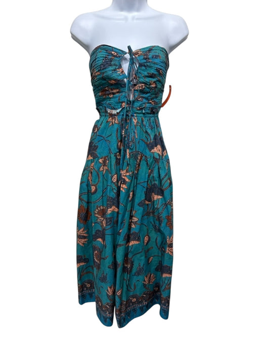 Ulla Johnson Size 0 Teal & Brown Cotton Gathered Floral Strapless Maxi Dress Teal & Brown / 0