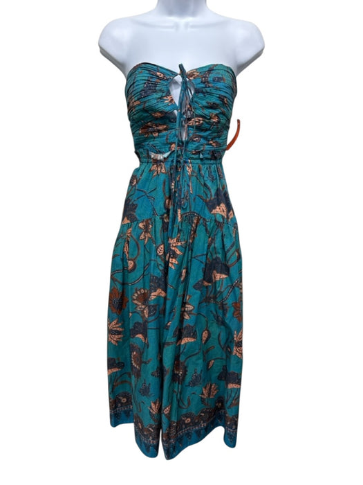 Ulla Johnson Size 0 Teal & Brown Cotton Gathered Floral Strapless Maxi Dress Teal & Brown / 0
