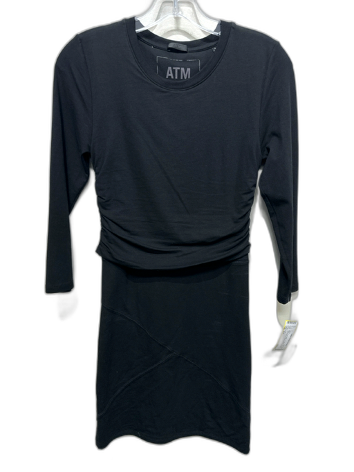 ATM Size S/P Black Pima Cotton 3/4 Sleeve Paneled Side Ruching Knee length Dress Black / S/P