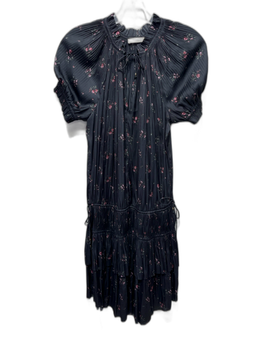 Ulla Johnson Size 0 Dark Gray & PInk Polyester Short Balloon Sleeve Floral Dress Dark Gray & PInk / 0