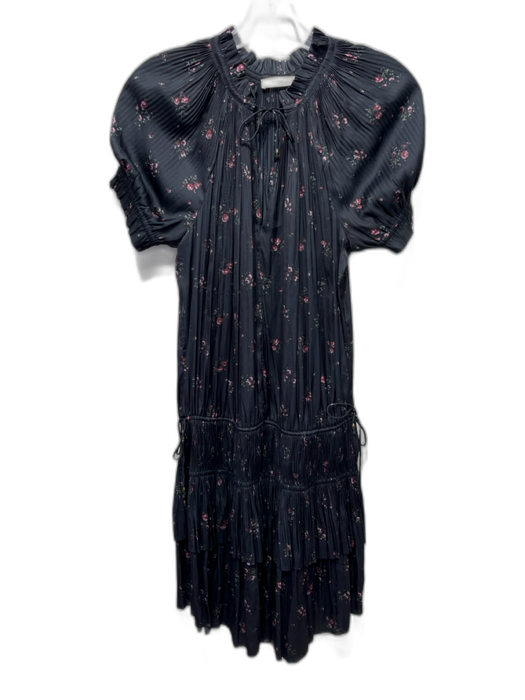 Ulla Johnson Size 0 Dark Gray & PInk Polyester Short Balloon Sleeve Floral Dress Dark Gray & PInk / 0