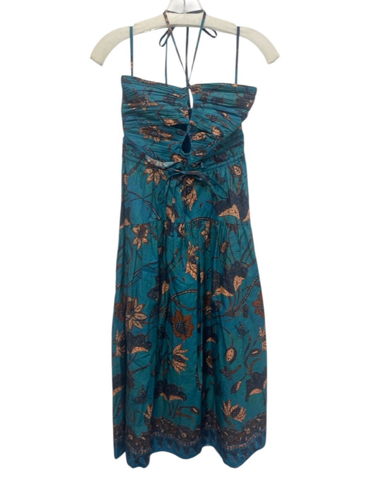Ulla Johnson Size 0 Teal Blue & Multi Cotton Floral Gathered Pleating Dress Teal Blue & Multi / 0