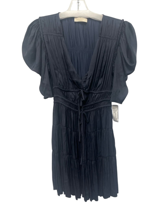 Ulla Johnson Size 0 Navy Blue Polyester Satin 1/2 Sleeve Tie Bow V Neck Dress Navy Blue / 0