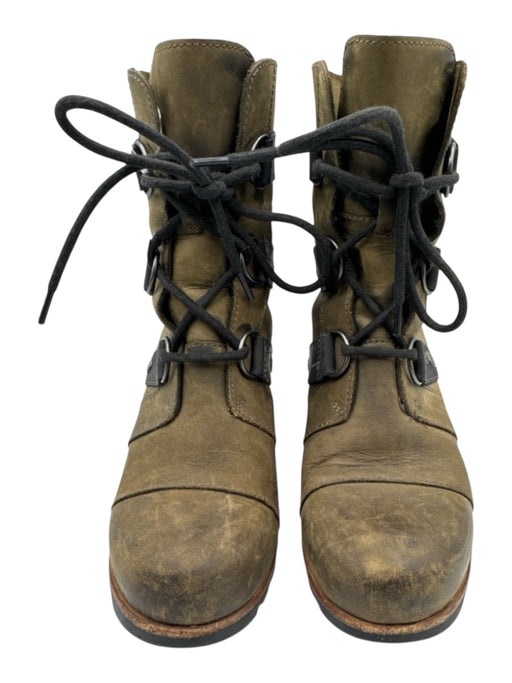 Sorel Shoe Size 6 Olive Green & Black Leather Upper Lace Up Wedge Ankle Boots Olive Green & Black / 6