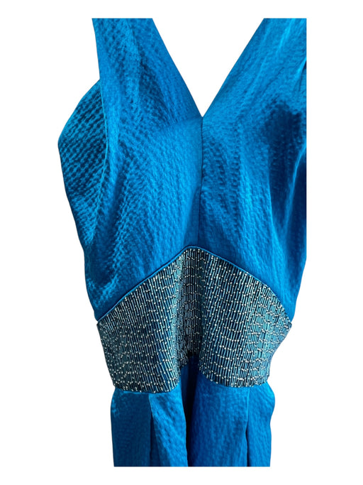 Badgley Mischka Size 4 Aqua Silk V Neck Cross Strap Back Zip Beaded Waist Dress Aqua / 4