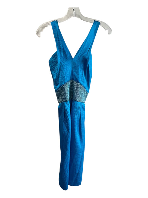 Badgley Mischka Size 4 Aqua Silk V Neck Cross Strap Back Zip Beaded Waist Dress Aqua / 4