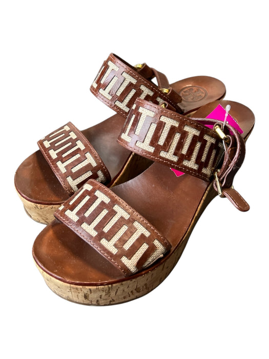 Tory Burch Shoe Size 7 Brown Leather & Cork Double Strap Gold Hardware Shoes Brown / 7