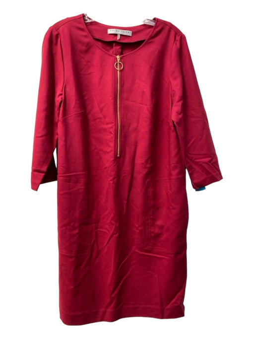 Trina Turk Size L Red Tencel Round Neck Quarter Sleeve Front Zip Dress Red / L