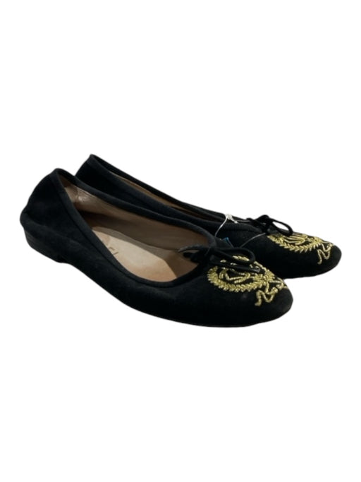 Chanel Shoe Size 37.5 Black & Gold Suede round toe Embroidered Bow Detail Flats Black & Gold / 37.5