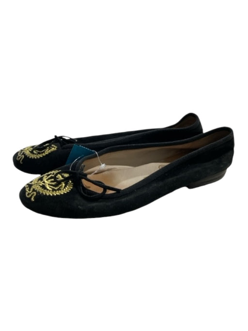 Chanel Shoe Size 37.5 Black & Gold Suede round toe Embroidered Bow Detail Flats Black & Gold / 37.5