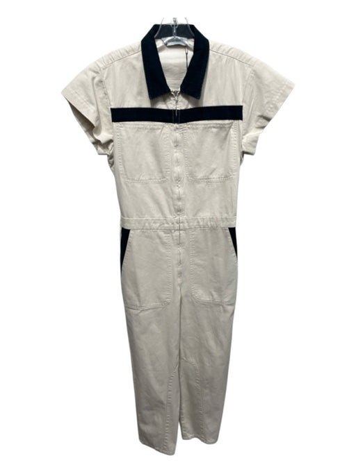Rachel Comey Size 0 Cream & Navy Cotton Zip Up & Off Collar Pockets Jumpsuit Cream & Navy / 0