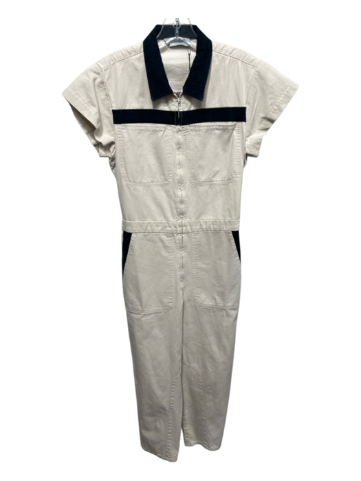 Rachel Comey Size 0 Cream & Navy Cotton Zip Up & Off Collar Pockets Jumpsuit Cream & Navy / 0