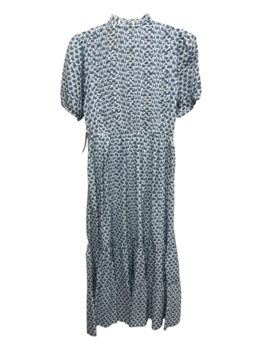 Doen Size XS Blue & White Cotton Short Sleeve Floral & Abstract Button Up Dress Blue & White / XS