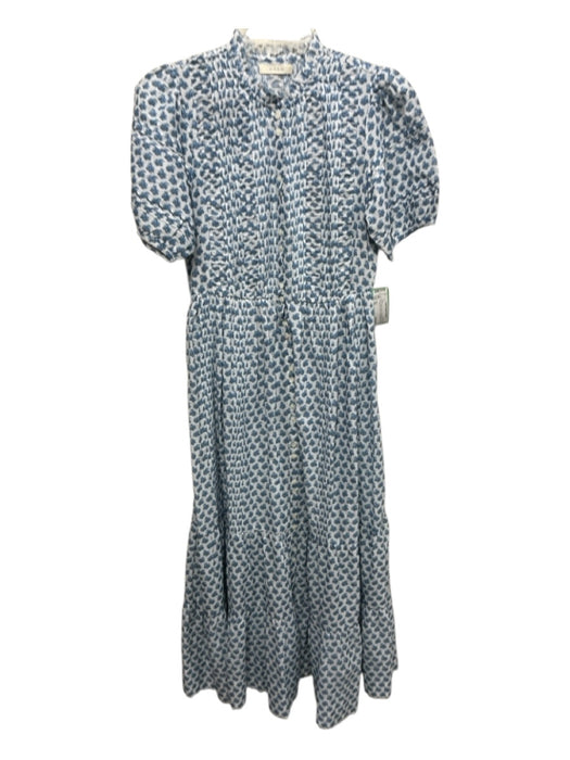 Doen Size XS Blue & White Cotton Short Sleeve Floral & Abstract Button Up Dress Blue & White / XS