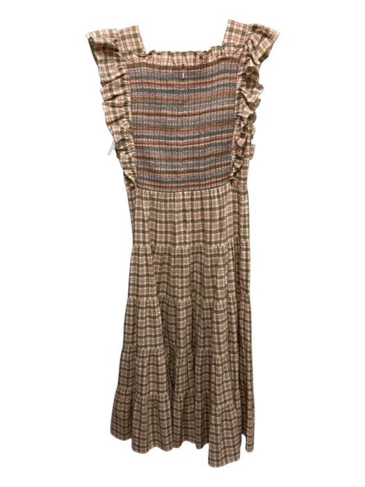 Doen Size XS Cream, Pink & Brown Cotton & Acetate Plaid Ruffle Neckline Dress Cream, Pink & Brown / XS