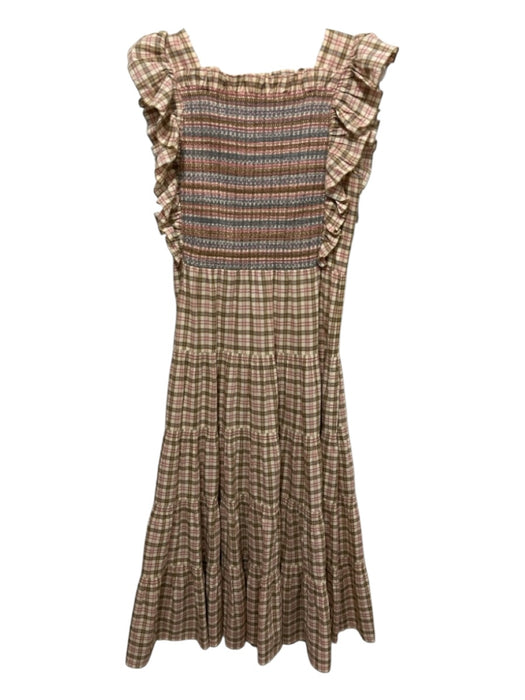 Doen Size XS Cream, Pink & Brown Cotton & Acetate Plaid Ruffle Neckline Dress Cream, Pink & Brown / XS