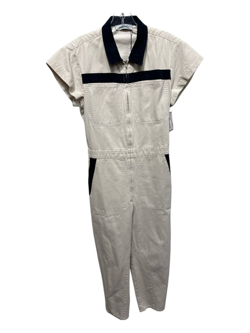 Rachel Comey Size 0 Cream & Navy Cotton Zip Up Collar Pockets Tapered Jumpsuit Cream & Navy / 0