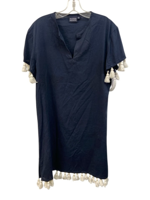 Madison Mathews Size L Navy & white Cotton Cap Sleeve Tassels Split Neck Dress Navy & white / L
