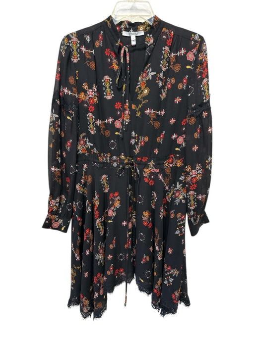 Derek Lam 10 Crosby Size 4 Black & Multi Silk Split Neck All Over Print Dress Black & Multi / 4