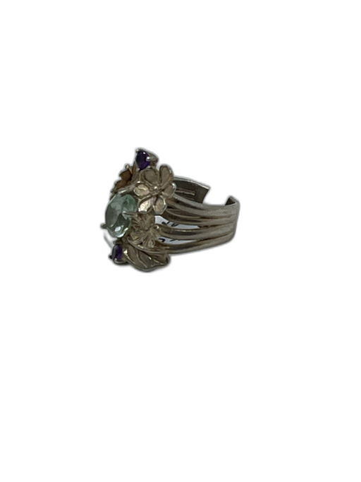 Silver, Purple, Blue 925 Sterling Silver Tear Drop Floral Filigree 3 Stones Ring Silver, Purple, Blue