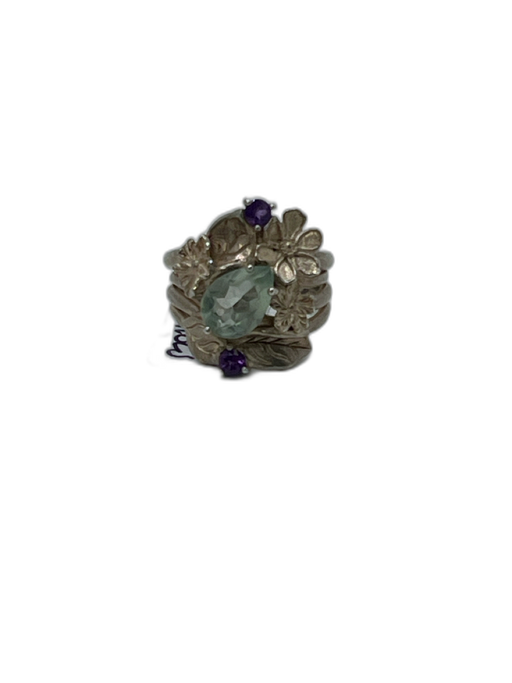 Silver, Purple, Blue 925 Sterling Silver Tear Drop Floral Filigree 3 Stones Ring Silver, Purple, Blue