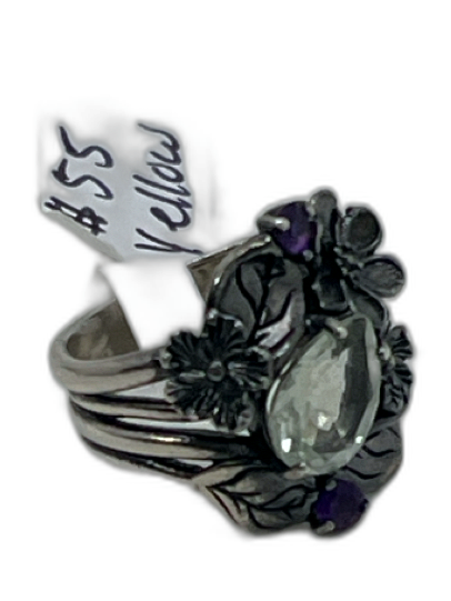 Silver & Purple 925 Sterling Silver Tear Drop Floral Filigree 3 Stones Ring Silver & Purple