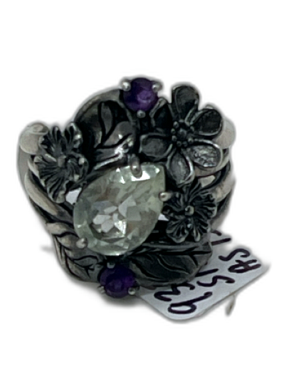 Silver & Purple 925 Sterling Silver Tear Drop Floral Filigree 3 Stones Ring Silver & Purple