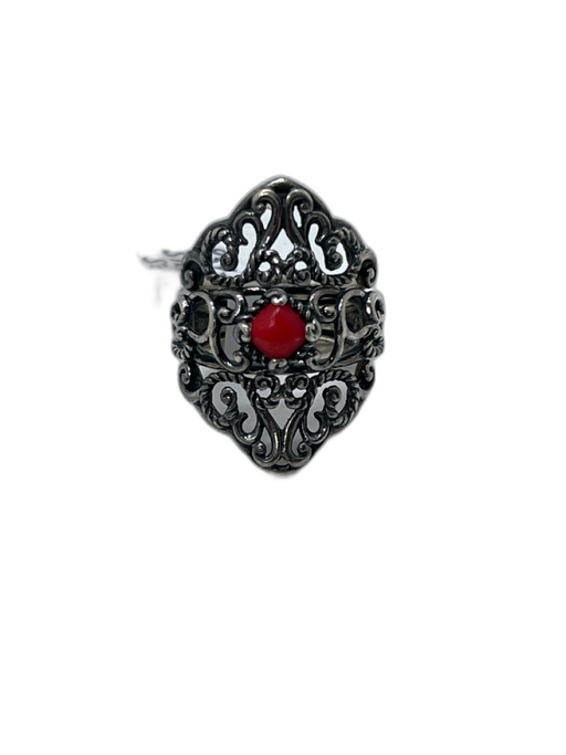 Carolyn Pollack Silver & Red 925 Sterling Silver Filigree Coral Long Carved Ring Silver & Red