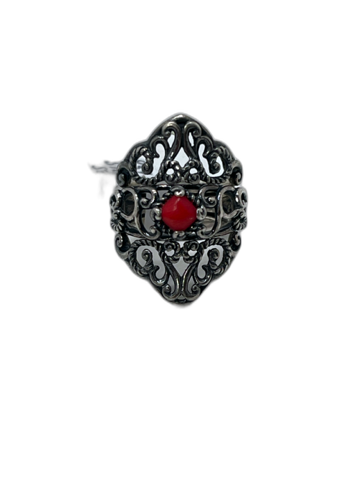 Carolyn Pollack Silver & Red 925 Sterling Silver Filigree Coral Long Carved Ring Silver & Red