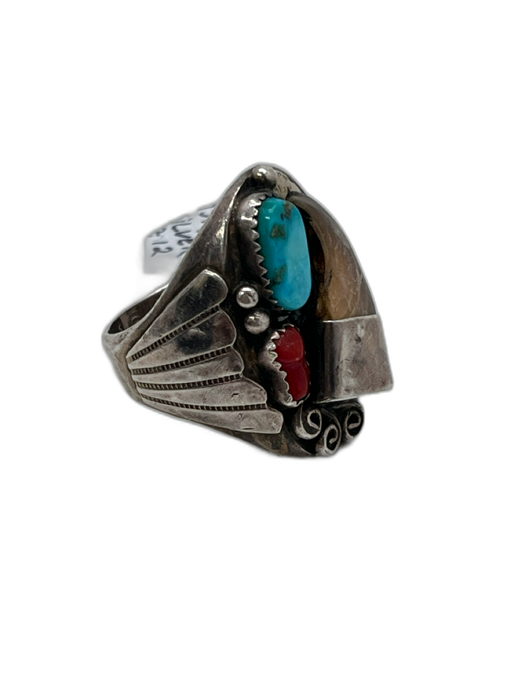 R. Bitsie Red, Blue, Brown 925 Sterling Silver Carved Cluster Long Ring Red, Blue, Brown