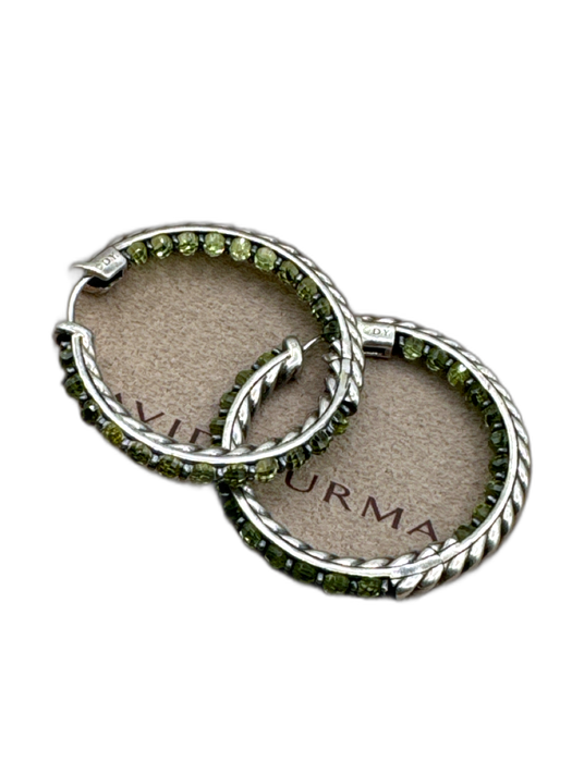 David Yurman Silver & Green 925 Sterling Silver Cable Peridot Hoop Earrings Silver & Green
