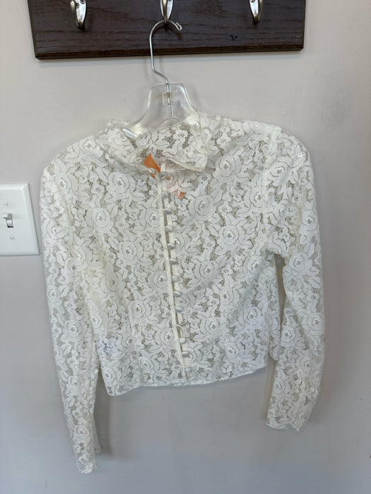 For Love & Lemons Size S White Nylon Lace Flowers Long Sleeve Back Button Top