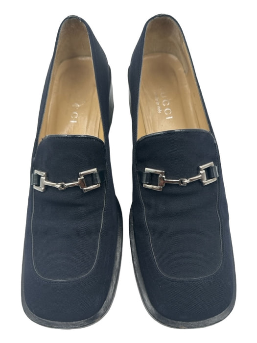 Gucci Shoe Size 8 Navy Blue Cloth Silver Hardware Square Toe Horsebit Loafers Navy Blue / 8