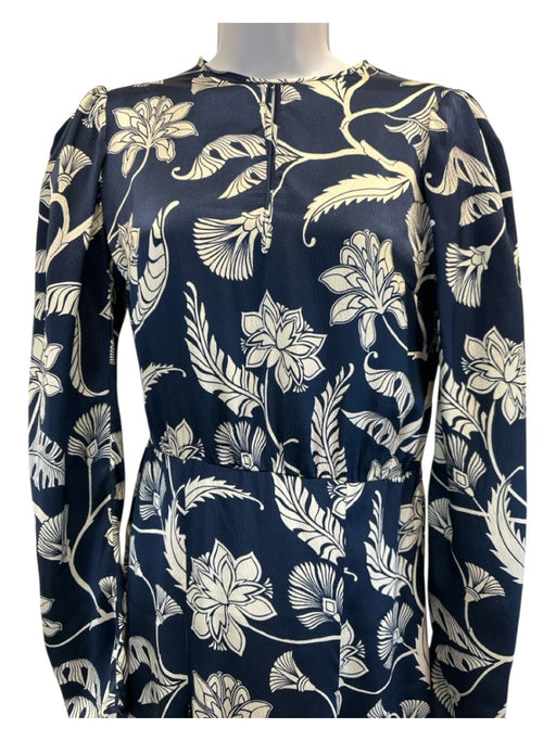 Johanne Ortiz Size 6 Navy Blue & Cream White Silk Floral Botanical Dress Navy Blue & Cream White / 6