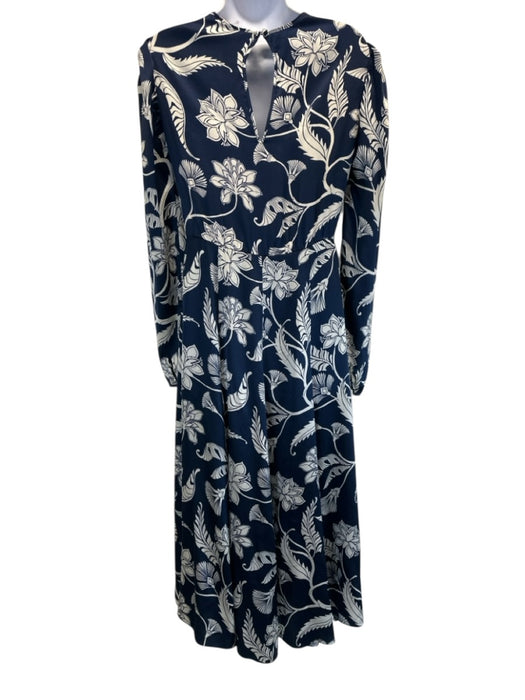 Johanne Ortiz Size 6 Navy Blue & Cream White Silk Floral Botanical Dress Navy Blue & Cream White / 6