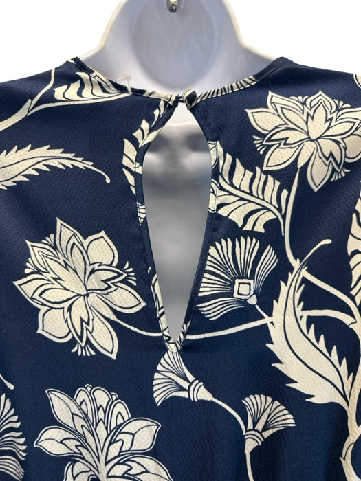 Johanne Ortiz Size 6 Navy Blue & Cream White Silk Floral Botanical Dress Navy Blue & Cream White / 6