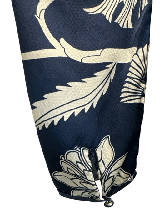 Johanne Ortiz Size 6 Navy Blue & Cream White Silk Floral Botanical Dress Navy Blue & Cream White / 6