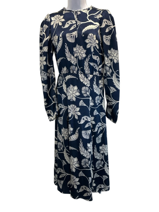 Johanne Ortiz Size 6 Navy Blue & Cream White Silk Floral Botanical Dress Navy Blue & Cream White / 6